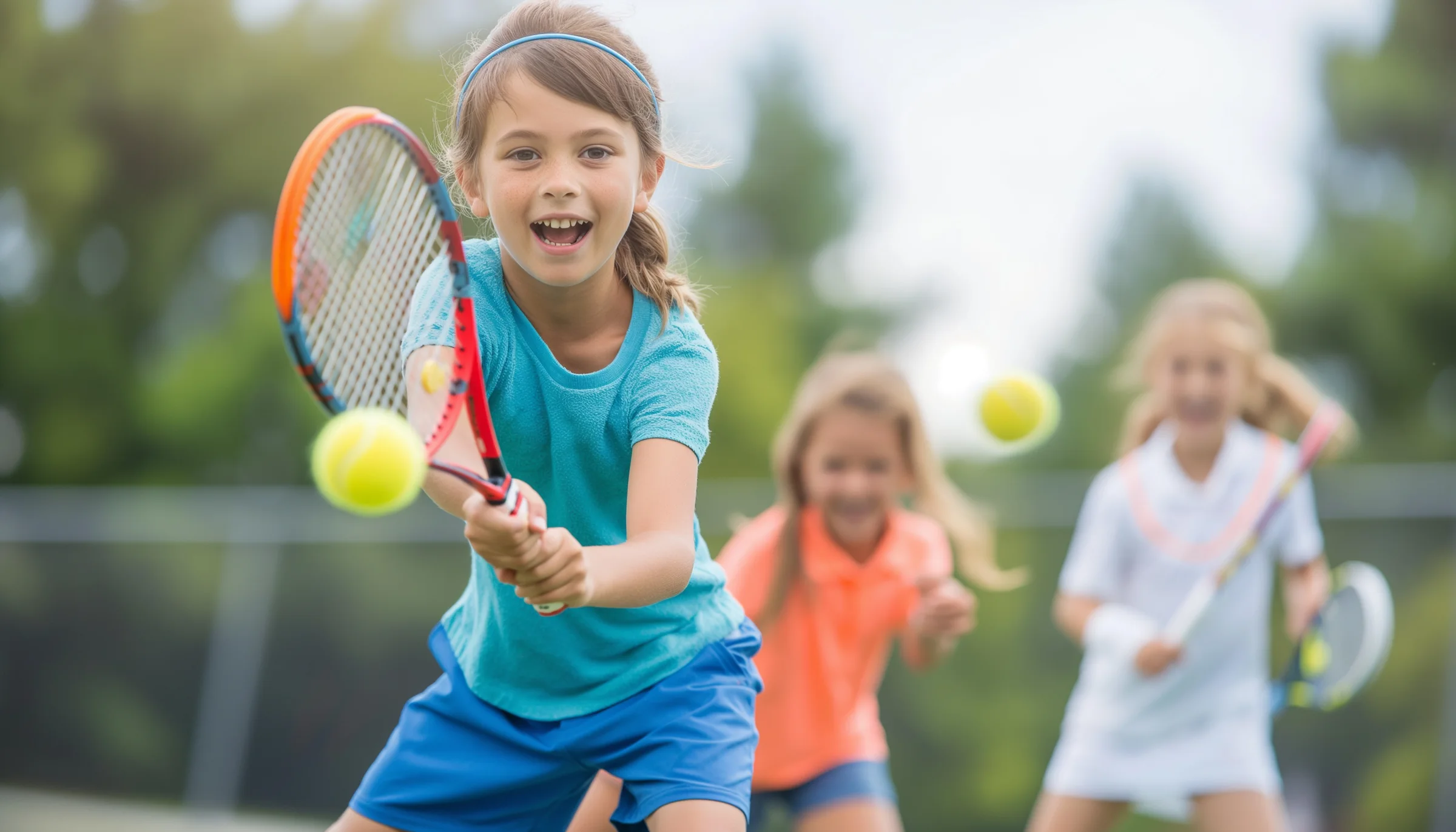 Niños jugando al tenis en el campus de verano